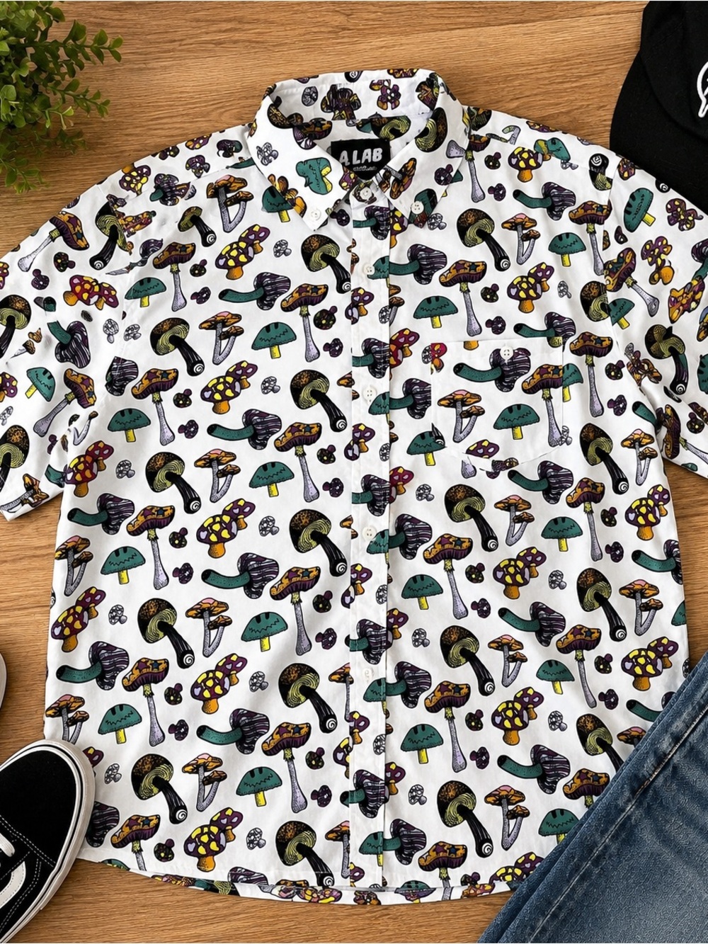A-Lab Psychedelic Mushroom Print Button Up Shirt XL Festival Streetwear F